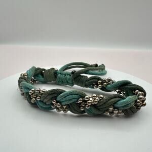 Vintage Y2K Silver Tone Ball Chain Braided Cord Bracelet Boho Women's Jewelry